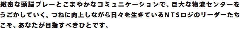 緻密な頭脳プレーと細やかなコミュニケーションで、巨大な物流センターをうごかしていく。つねに向上しながら日々を生きているNTSロジのリーダーたちこそ、あなたが目指すべきひとです。